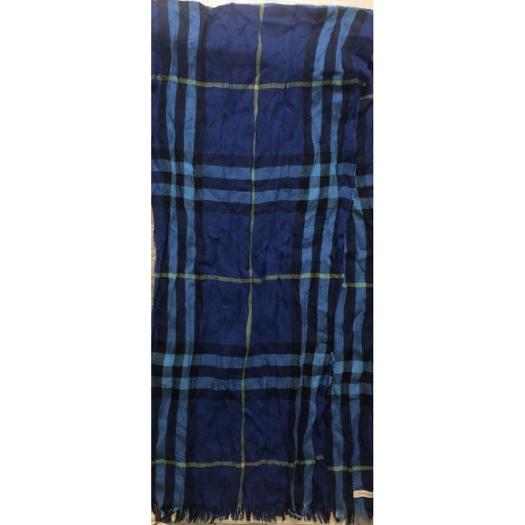 BURBERRY Cerulean Blue Check Wool Cashmere Blend Scarf Scotland 200x45 cm NEW - Picture 3 of 10